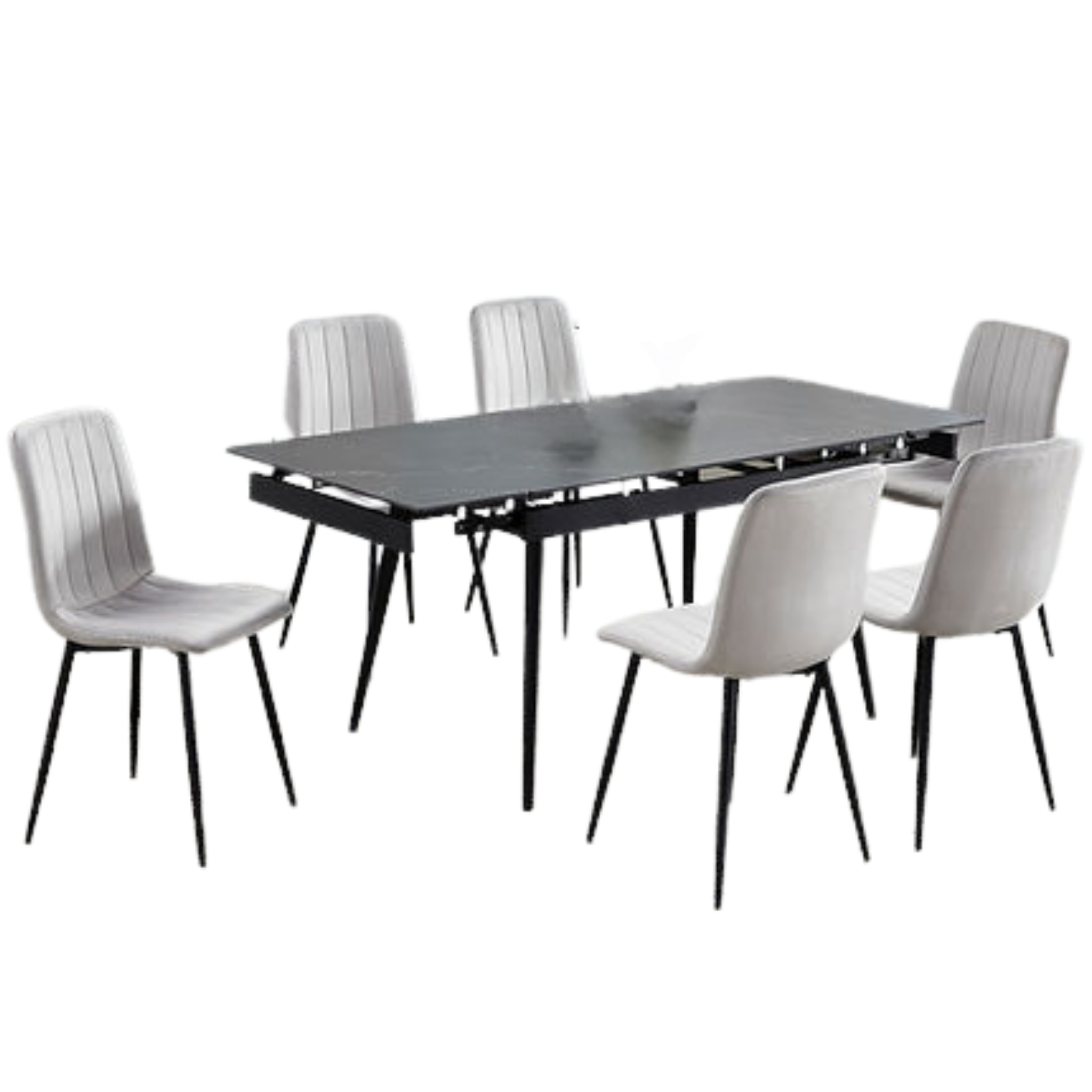 Table extensible en pierre frittée avec plateau en marbre noir et chaises en velours - T-1472/C-1473