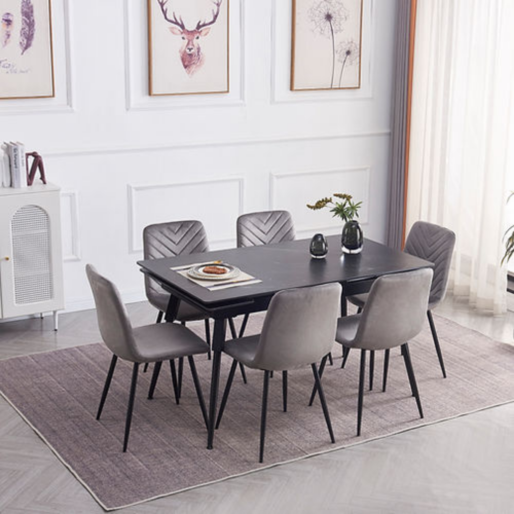 Table extensible en pierre frittée avec plateau en marbre noir et chaises en velours - T-1817/C-1817