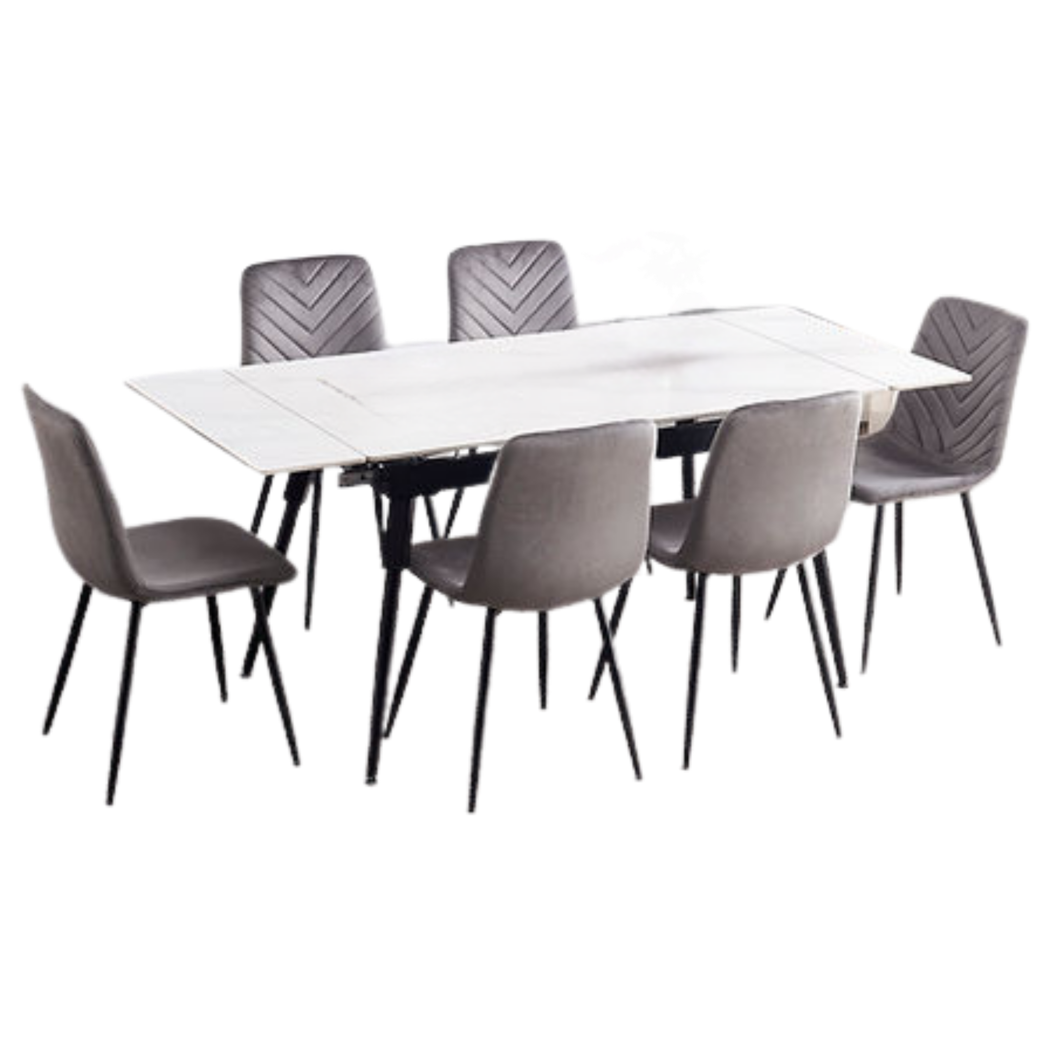 Table extensible en pierre frittée avec plateau en marbre blanc et chaises en velours - T-1818/C-1817