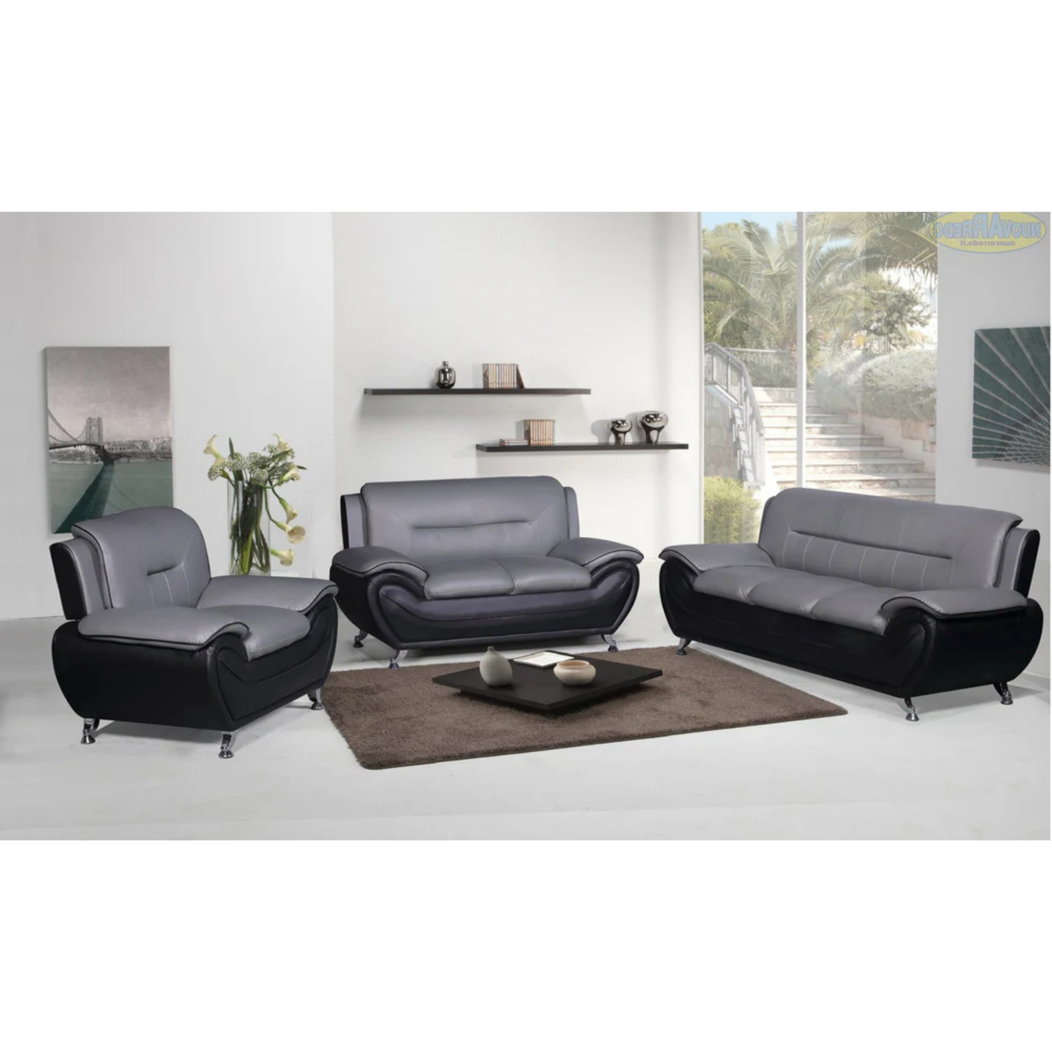 FELIX - Ensemble de canapés 3 pièces en cuir PU noir et gris