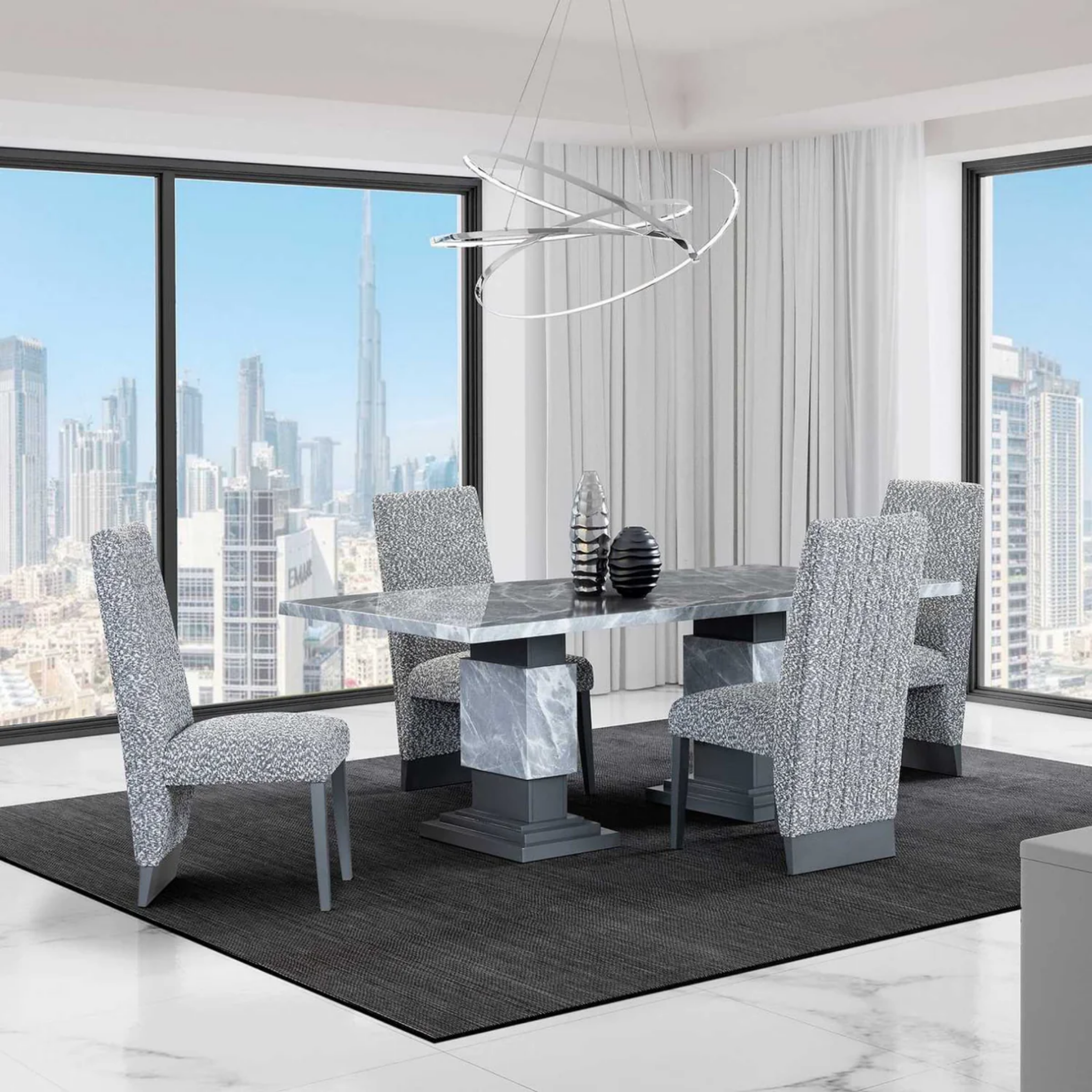 Faux Marble Dining Table Set With Fabric Chairs Gray 1600