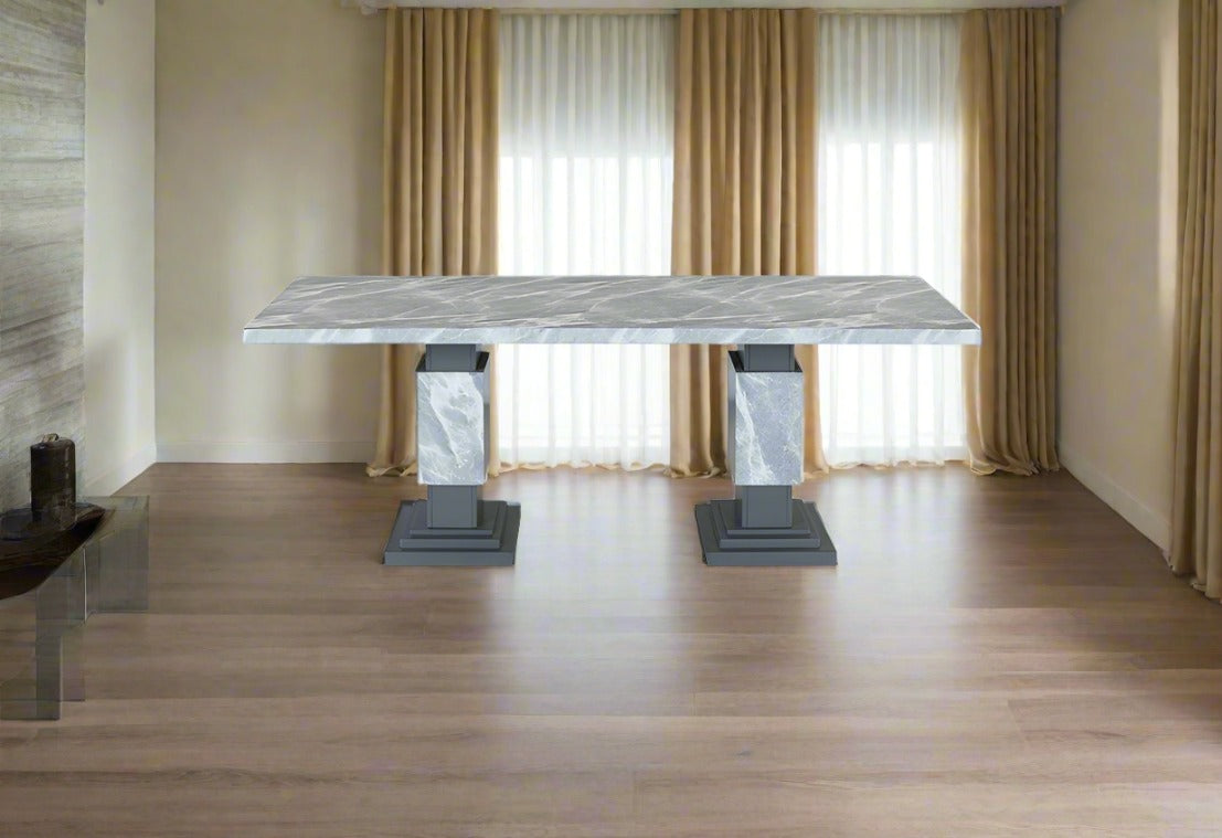Table à manger en faux marbre avec base à double piédestal gris 1600