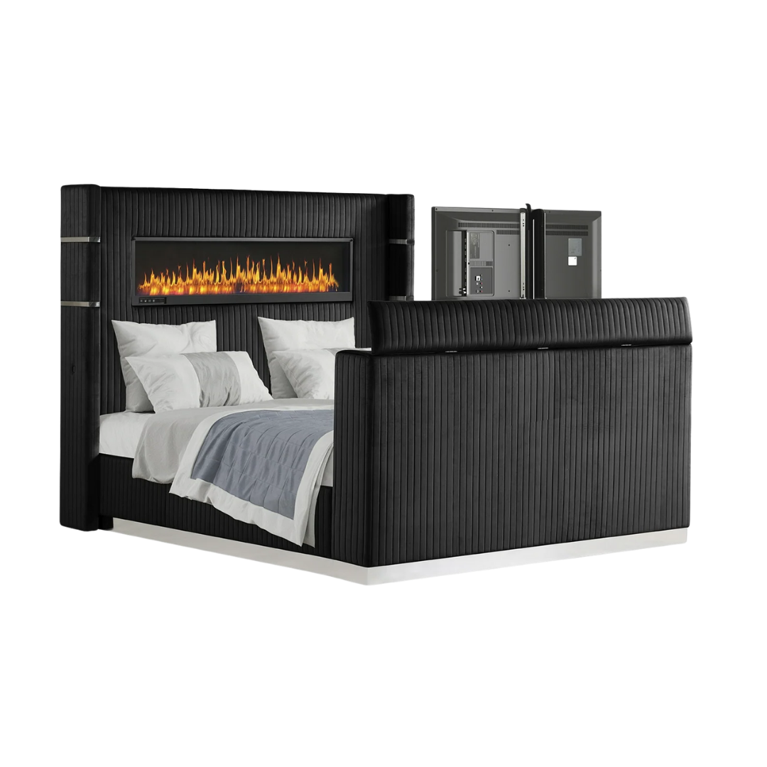 Flamora lit king velours noir motorisé avec élévateur TV 50 po et foyer LED intégré – Bonito Montréal