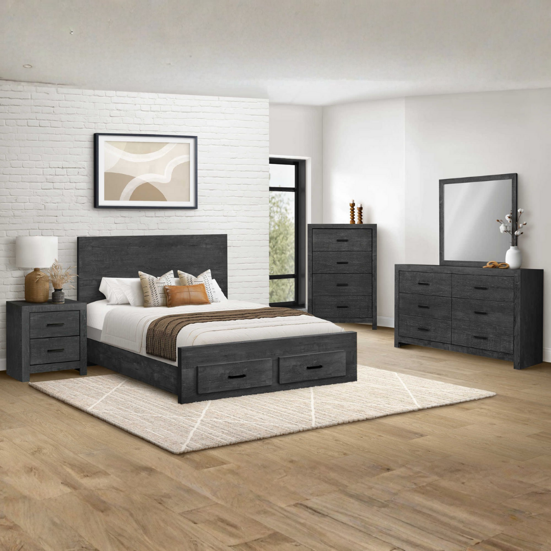Ensemble chambre queen 6 pièces Granver Storage gris graphite bois ingénierie avec tiroir rangement – Bonito Montréal