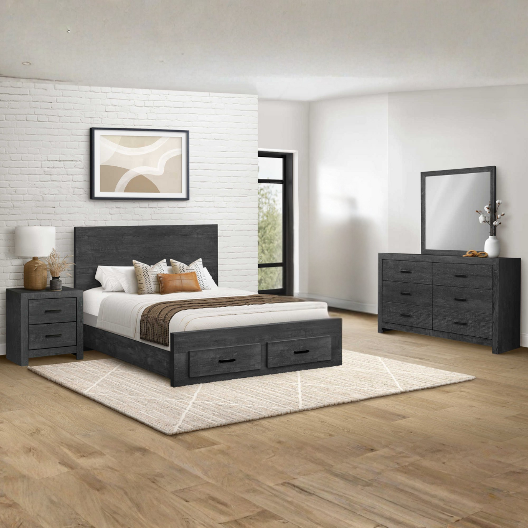 Ensemble chambre queen 6 pièces Granver Storage gris graphite bois ingénierie avec tiroir rangement – Bonito Montréal