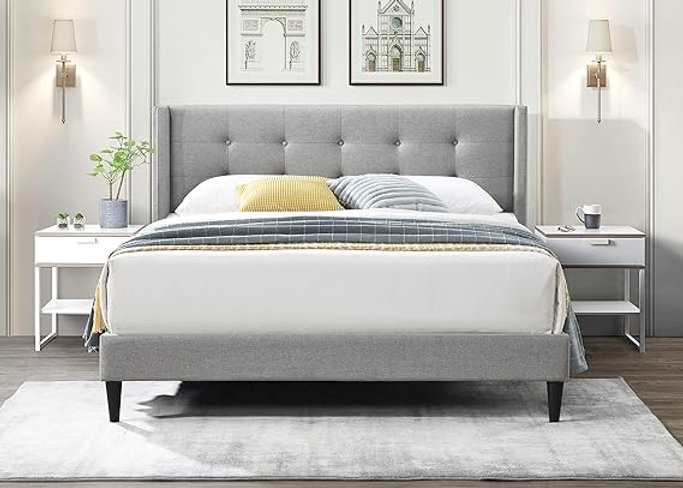 Lit King Size - Lit plateforme en tissu gris 5270
