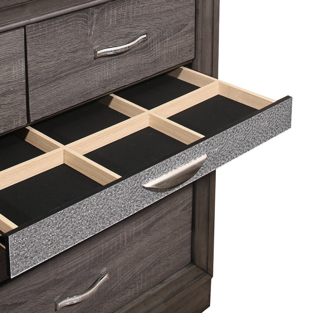 Commode Ardenis à 9 tiroirs avec miroir et rangement pour bijoux – Gris vieilli