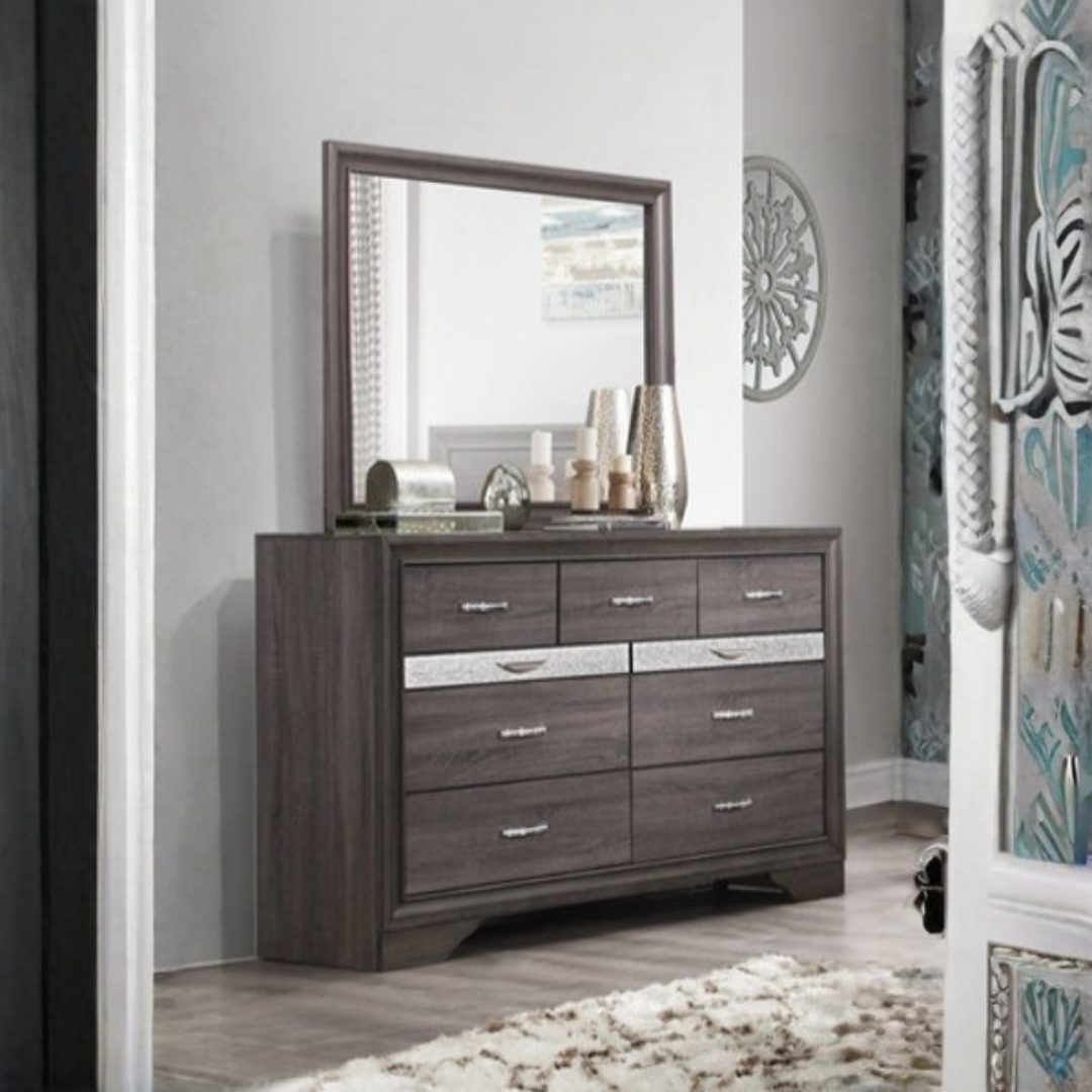 Commode Ardenis à 9 tiroirs avec miroir et rangement pour bijoux – Gris vieilli