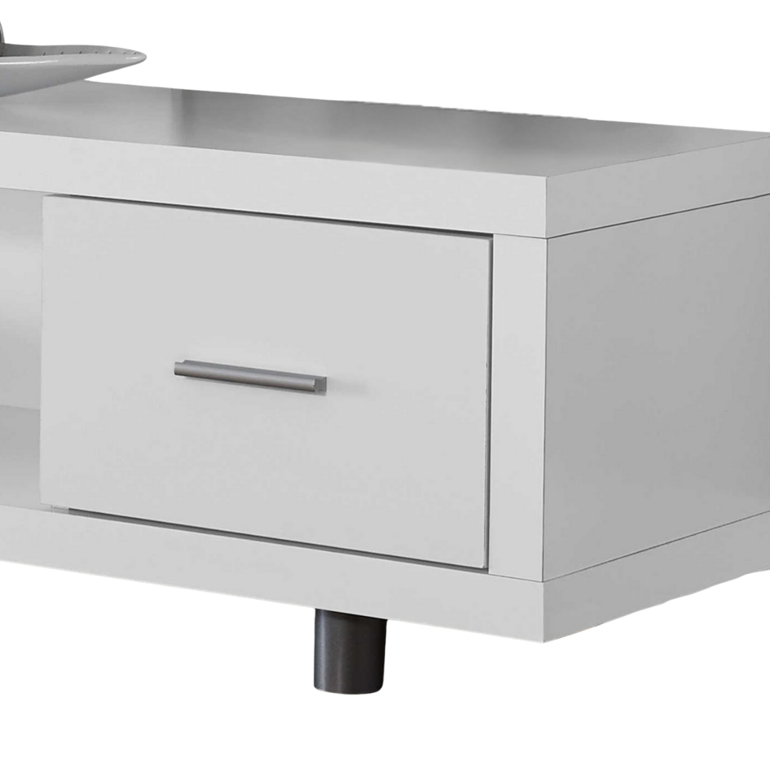 Meuble TV Kelren 60 po blanc brillant laqué avec tiroir et pieds métal argenté – Bonito Montréal