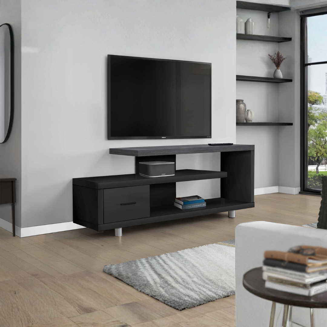 Meuble TV Kelren noir avec plateau gris – 60"