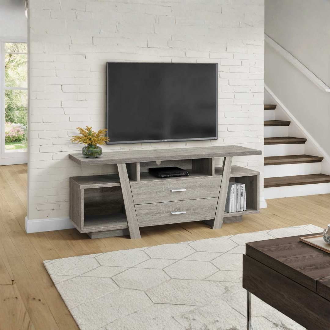 Meuble TV Varlo taupe foncé avec étagères ouvertes et tiroirs – 152 cm