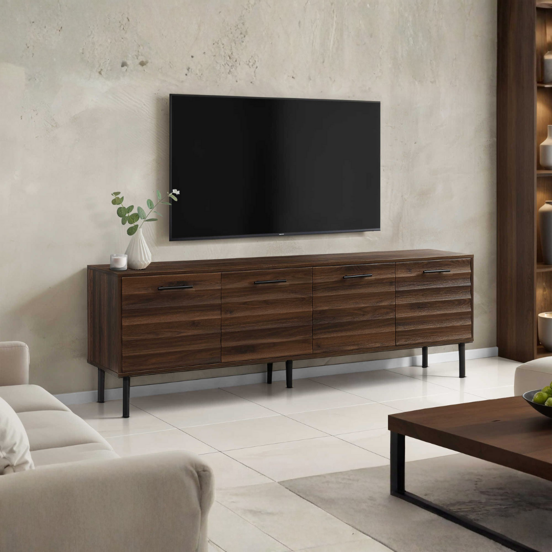 Meuble TV Danor – 72 po aspect bois brun foncé – Portes ondulées