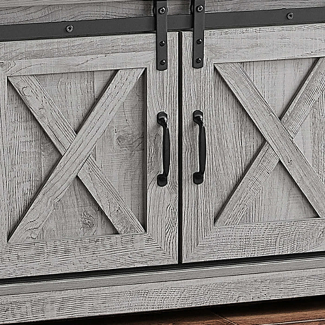 Karvo – Grey Wood-Look Barn-Door TV Stand – 60"