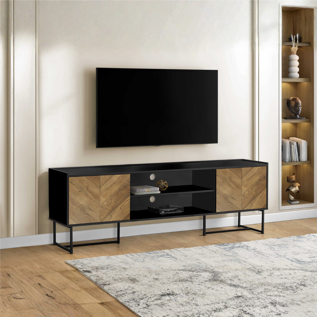 Meuble TV Harven – Métal noir et aspect bois – 183 cm