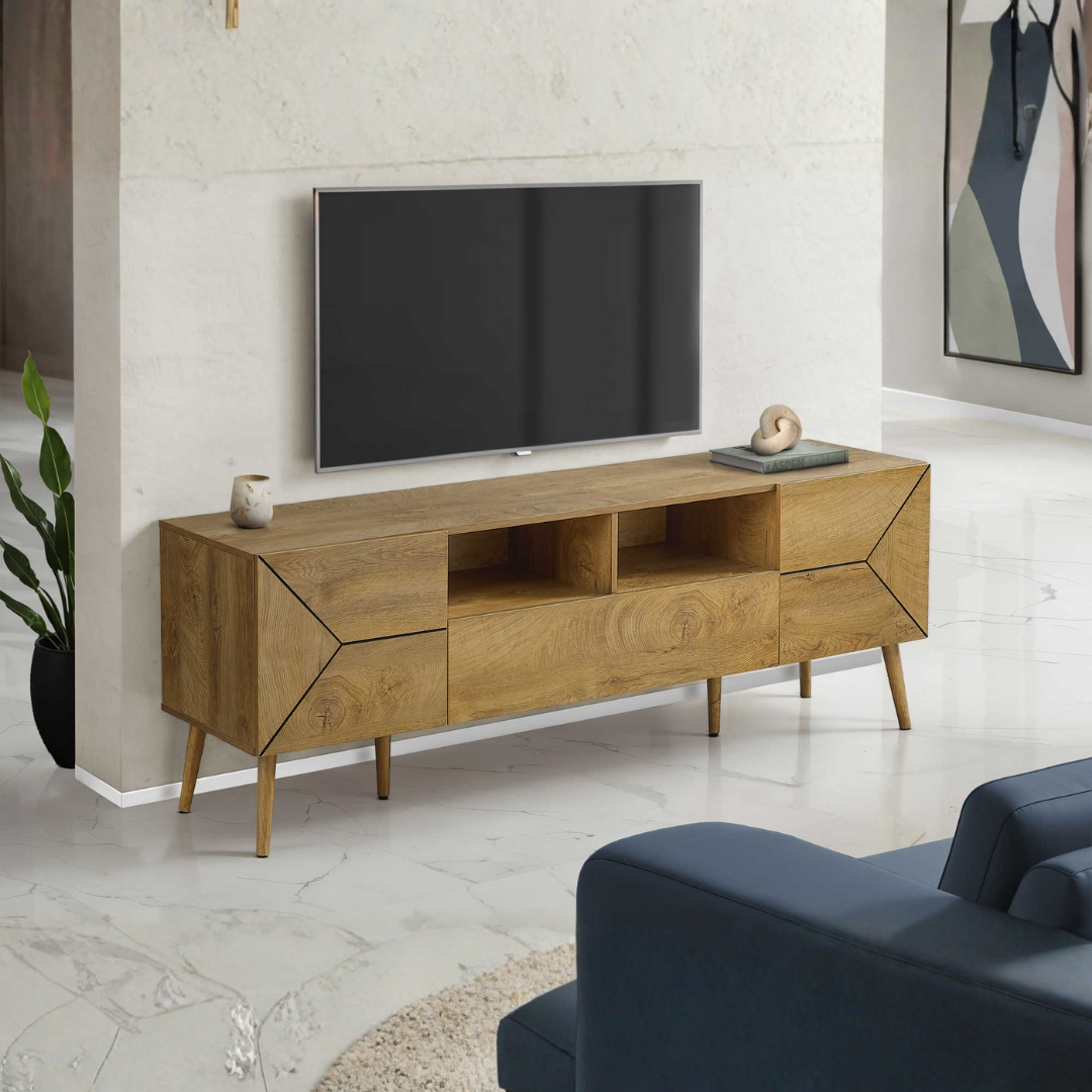 Meuble TV Rinex – 72 po en noyer – Console de rangement style milieu du siècle