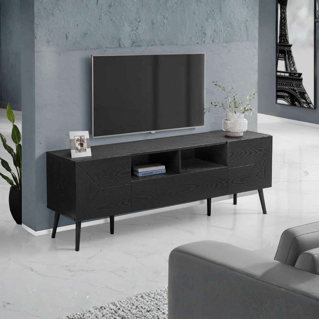 Meuble TV Bay – 183 cm (72 po) aspect bois noir – Console de rangement style milieu du siècle