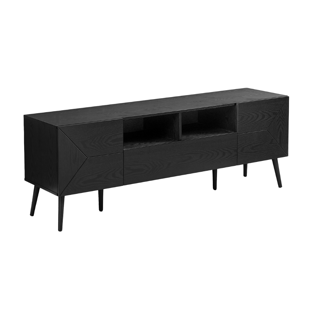 Meuble TV Bay – 183 cm (72 po) aspect bois noir – Console de rangement style milieu du siècle