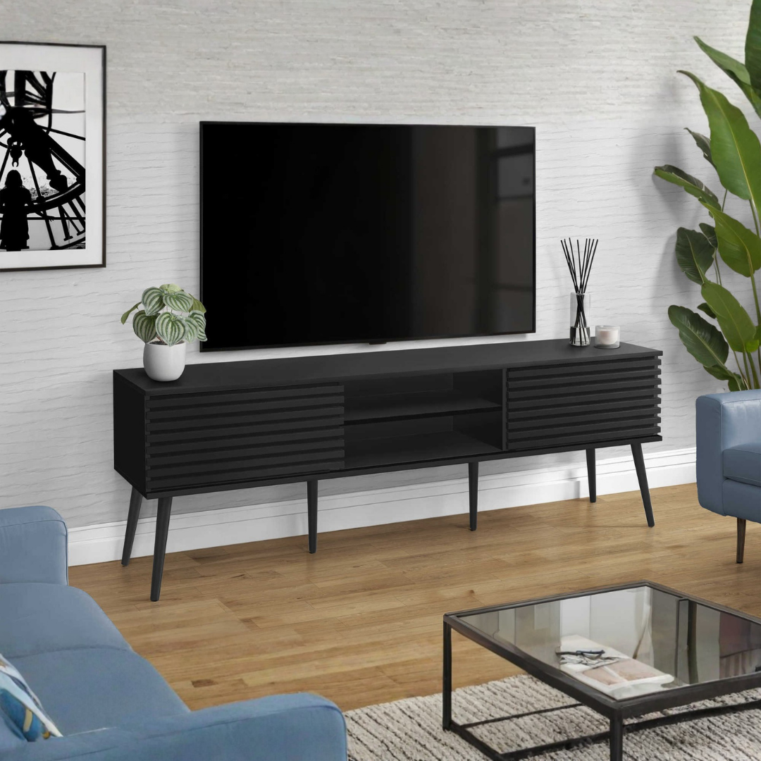 Meuble TV Velon – 72" noir avec portes coulissantes