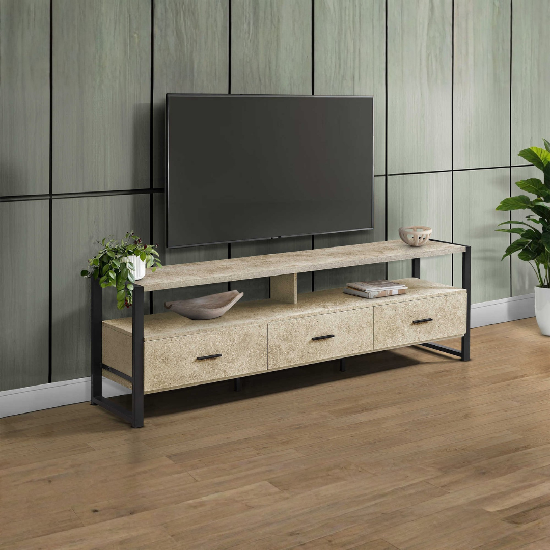 Meuble TV Fenlo en pierre crème avec structure en métal – 183 cm