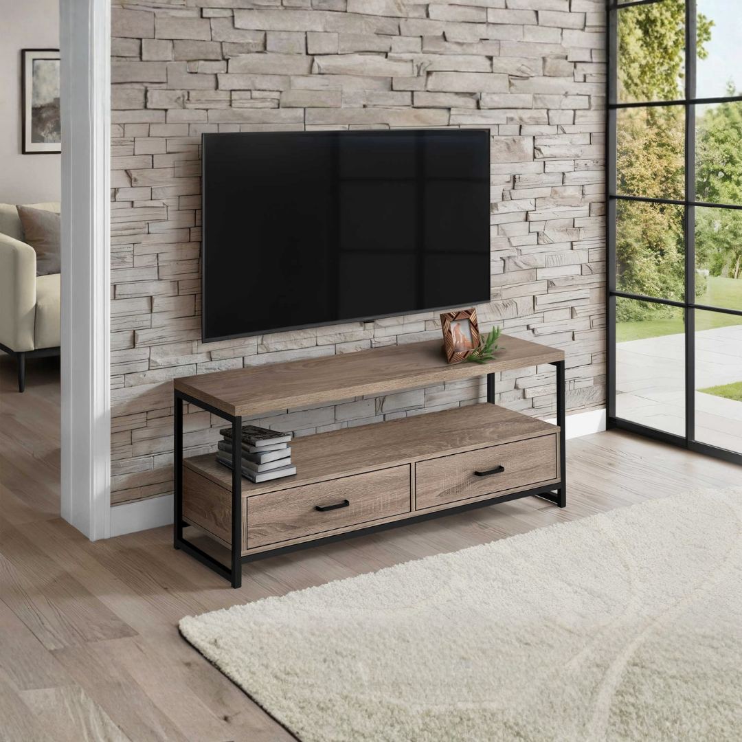 Meuble TV Zyven – 122 cm (48 po) taupe foncé – Structure en métal noir