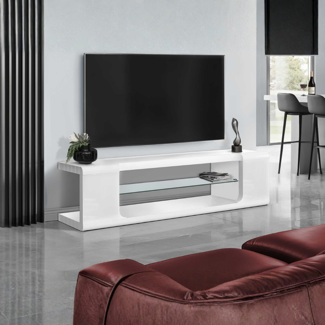 Meuble TV Terlo blanc brillant avec étagère en verre – 60 pouces