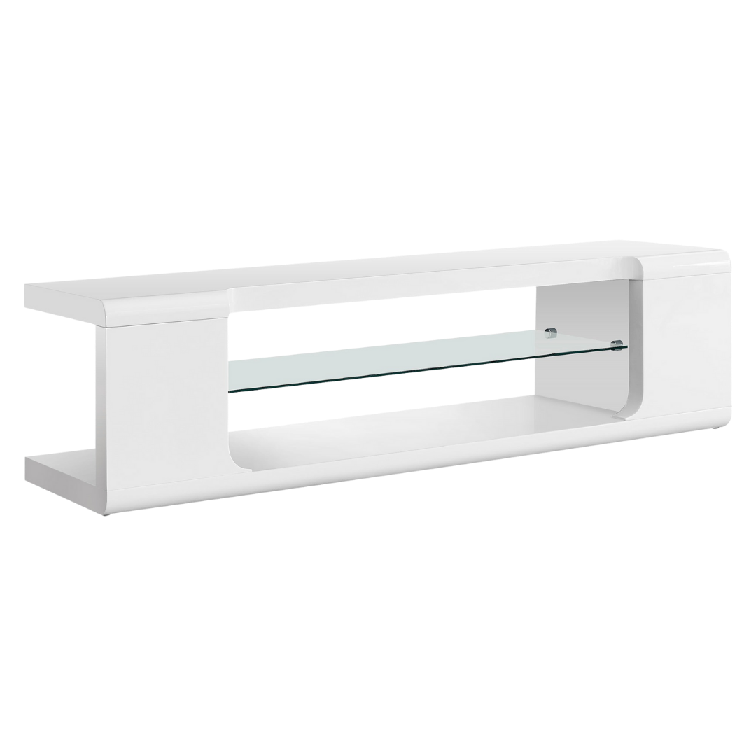 Meuble TV Terlo blanc brillant avec étagère en verre – 60 pouces