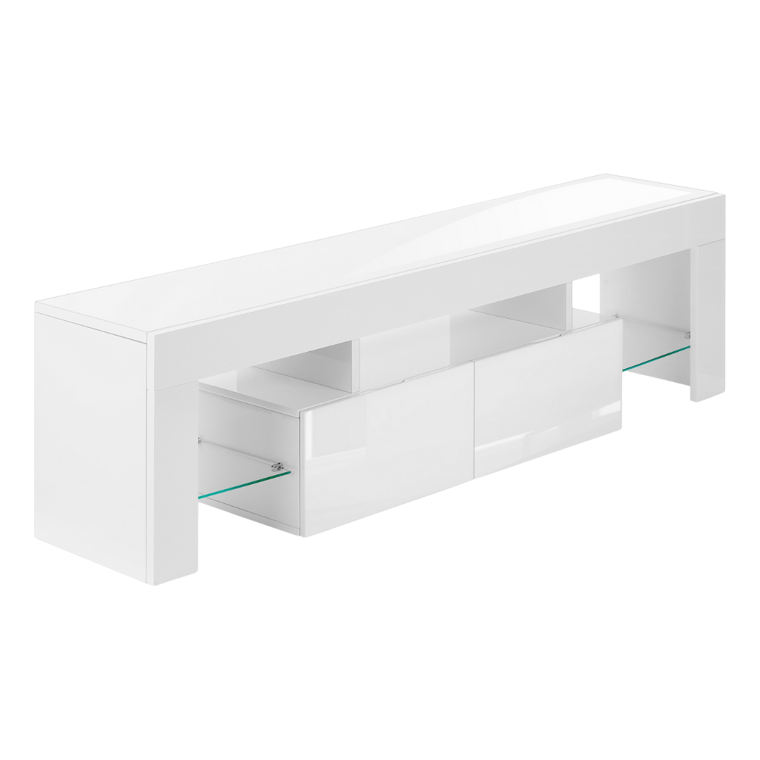 Meuble TV Zevin 63 po blanc brillant avec tablettes en verre trempé et tiroirs – Montréal