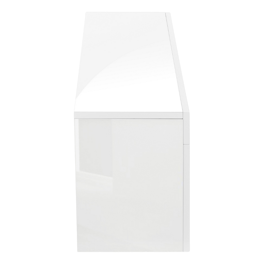 Meuble TV Zevin 63 po blanc brillant avec tablettes en verre trempé et tiroirs – Montréal
