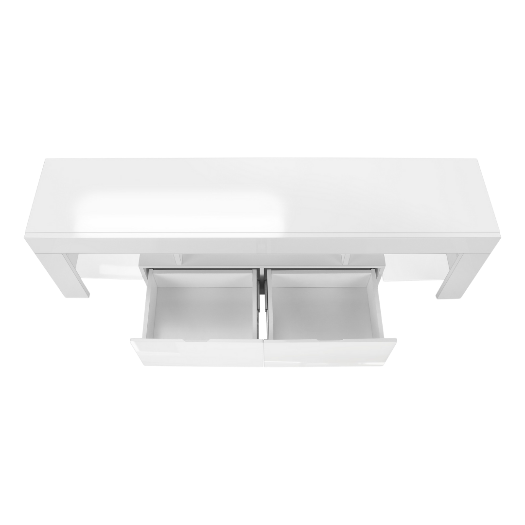 Meuble TV Zevin 63 po blanc brillant avec tablettes en verre trempé et tiroirs – Montréal