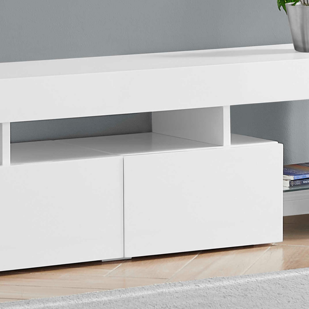 Meuble TV Zevin 63 po blanc brillant avec tablettes en verre trempé et tiroirs – Montréal