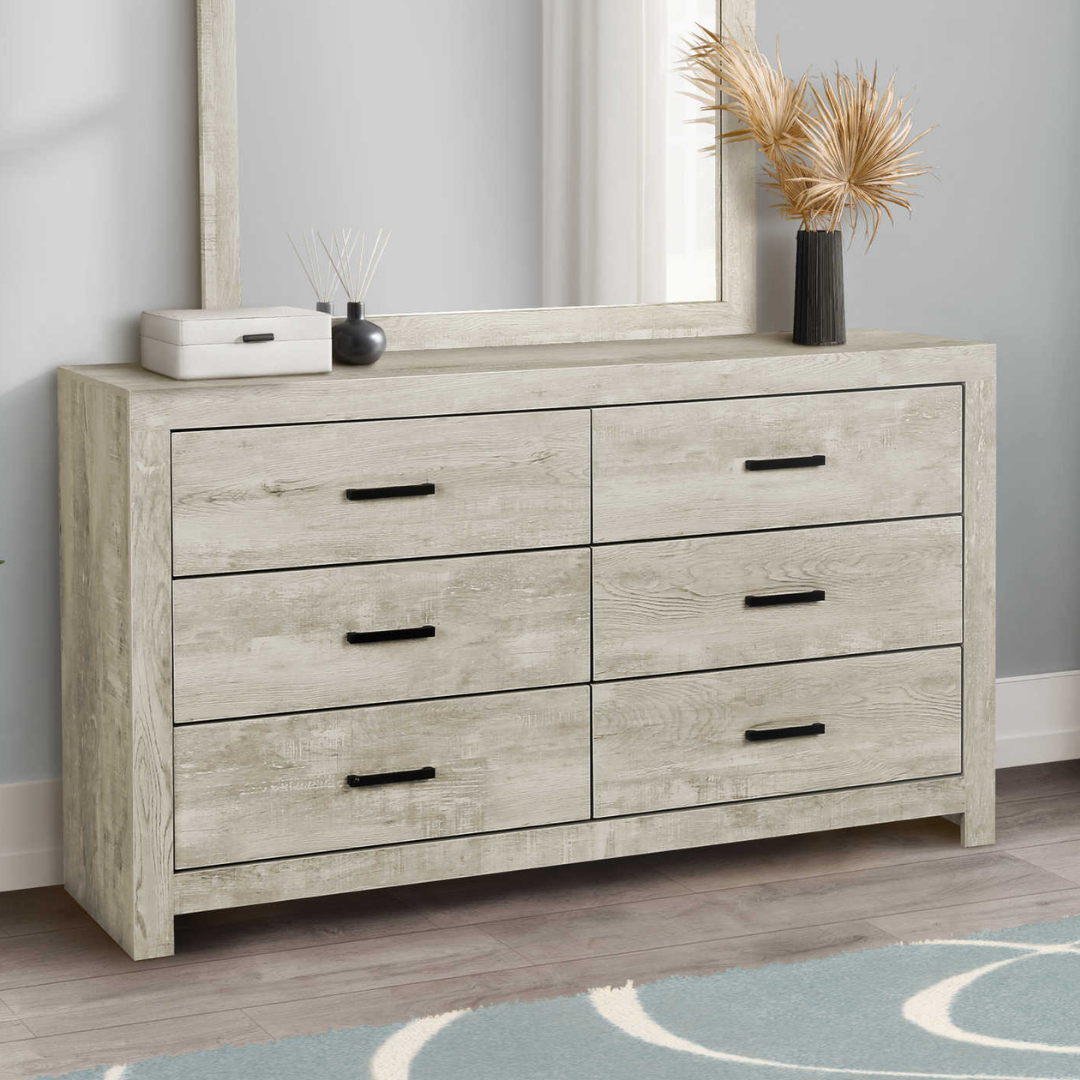 Commode Alvero à 6 tiroirs avec miroir – Chêne blanchi