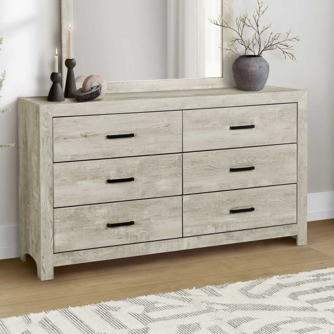 Commode Alderstone à 6 tiroirs avec miroir – Chêne blanchi