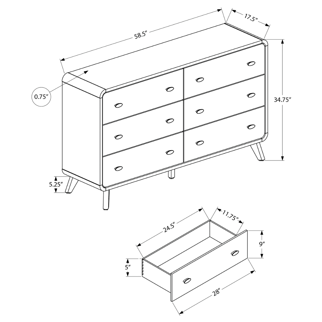 Nolara – Commode à 6 tiroirs avec miroir – Finition noyer