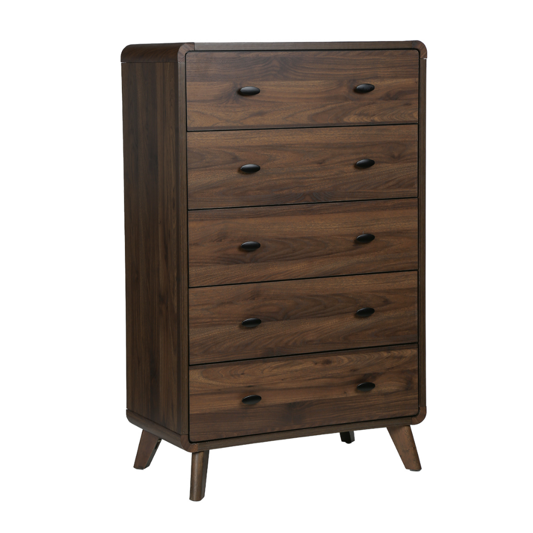 Commode 5 tiroirs Waldena noyer brun mid-century modern 31.5 po x 50 po pieds bois massif Montréal