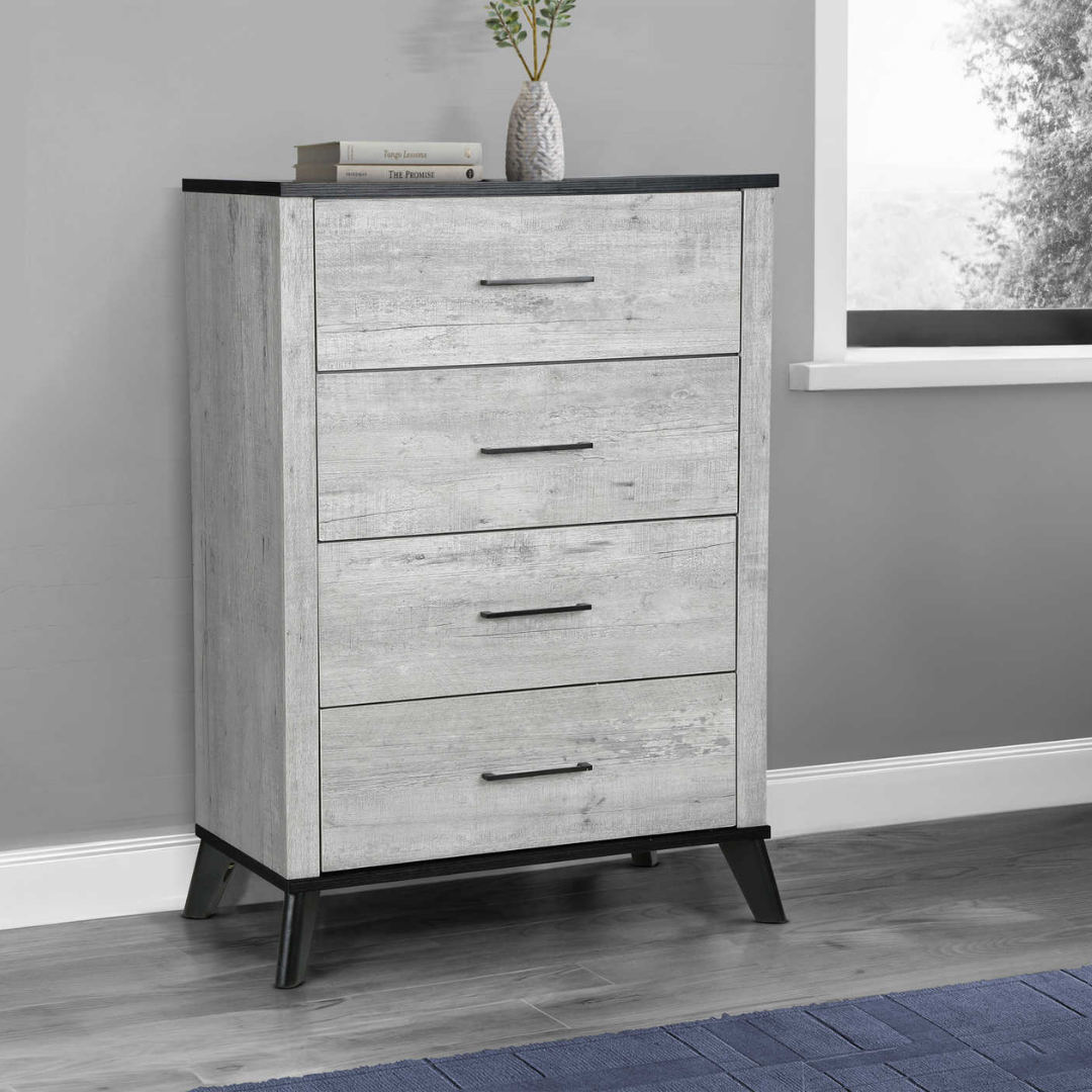 Commode 4 tiroirs Slatewood – Gris recyclé avec plateau noir