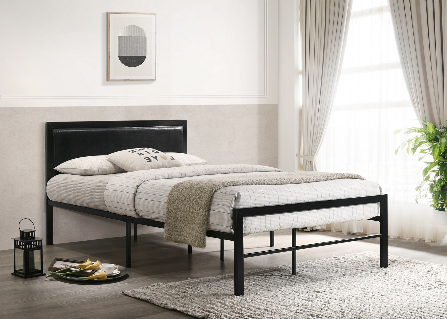 Twin Bed - Black Metal Bed With Black PU Headboard 142B