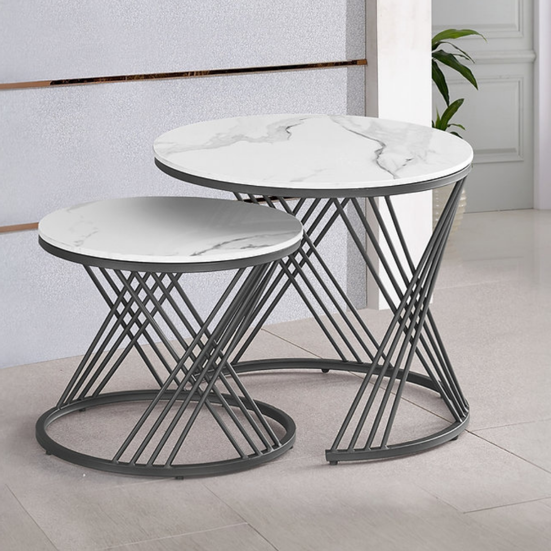 Marin – Ensemble de 2 tables basses – Pierre frittée blanche