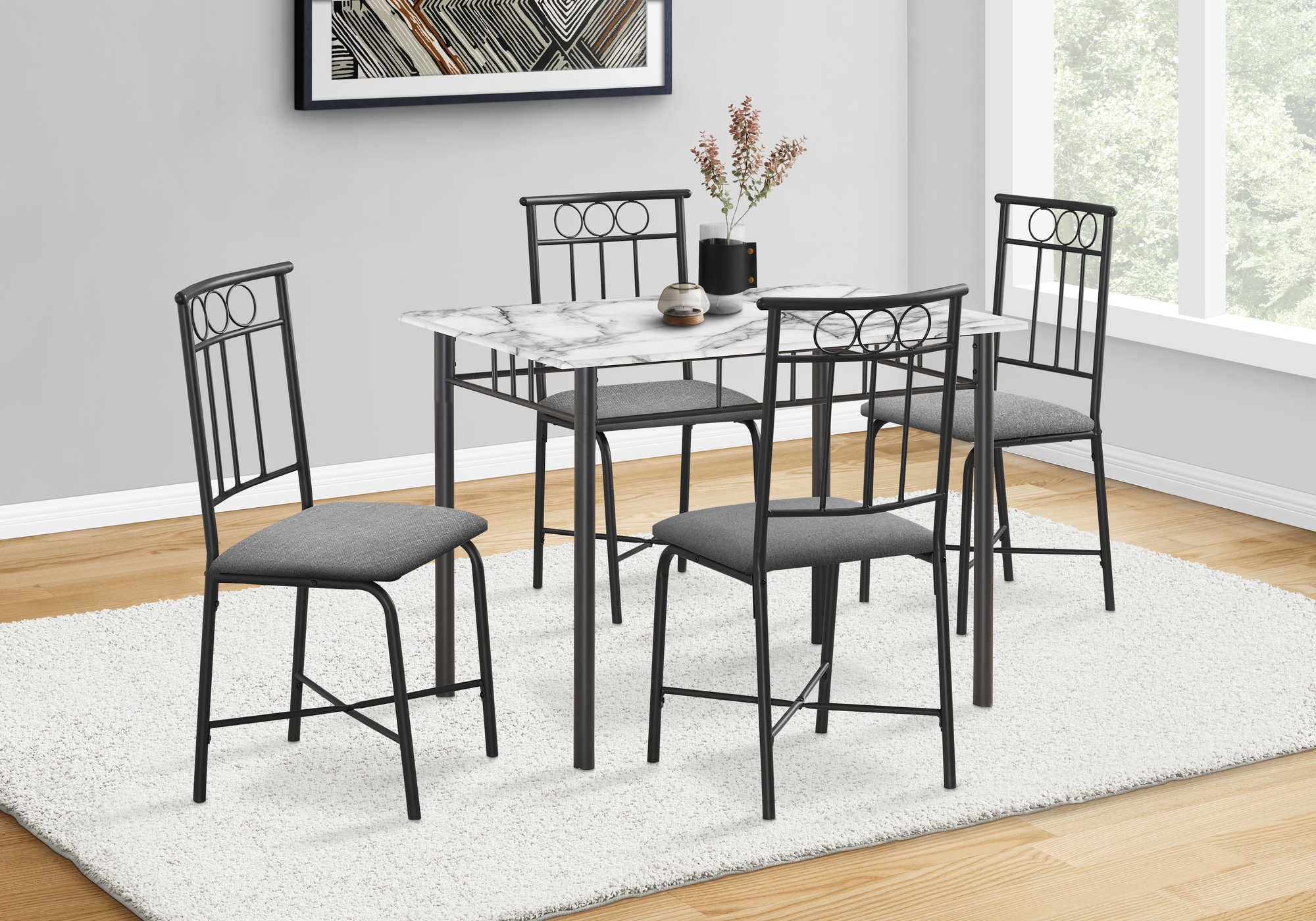 DINING SET - 5PCS SET / WHITE MARBLE TOP / BLACK METAL # I 1014