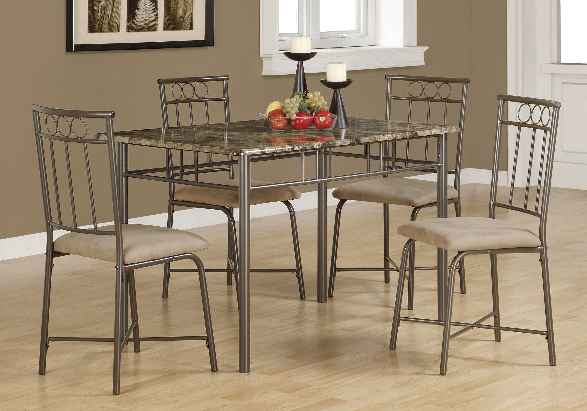 DINING SET - 5PCS SET / ESPRESSO MARBLE / BRONZE METAL # I 1029