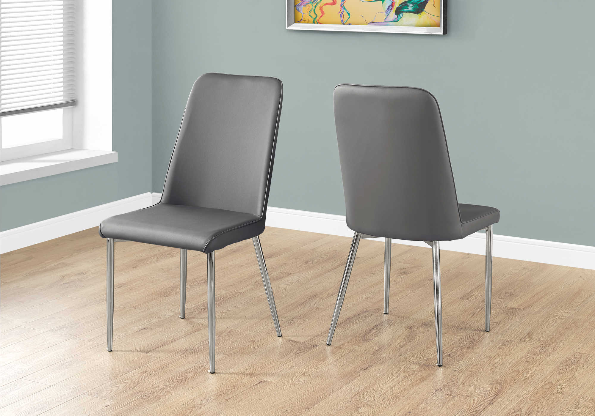 DINING CHAIR - 2PCS / 37"H / GREY LEATHER-LOOK / CHROME # I 1035