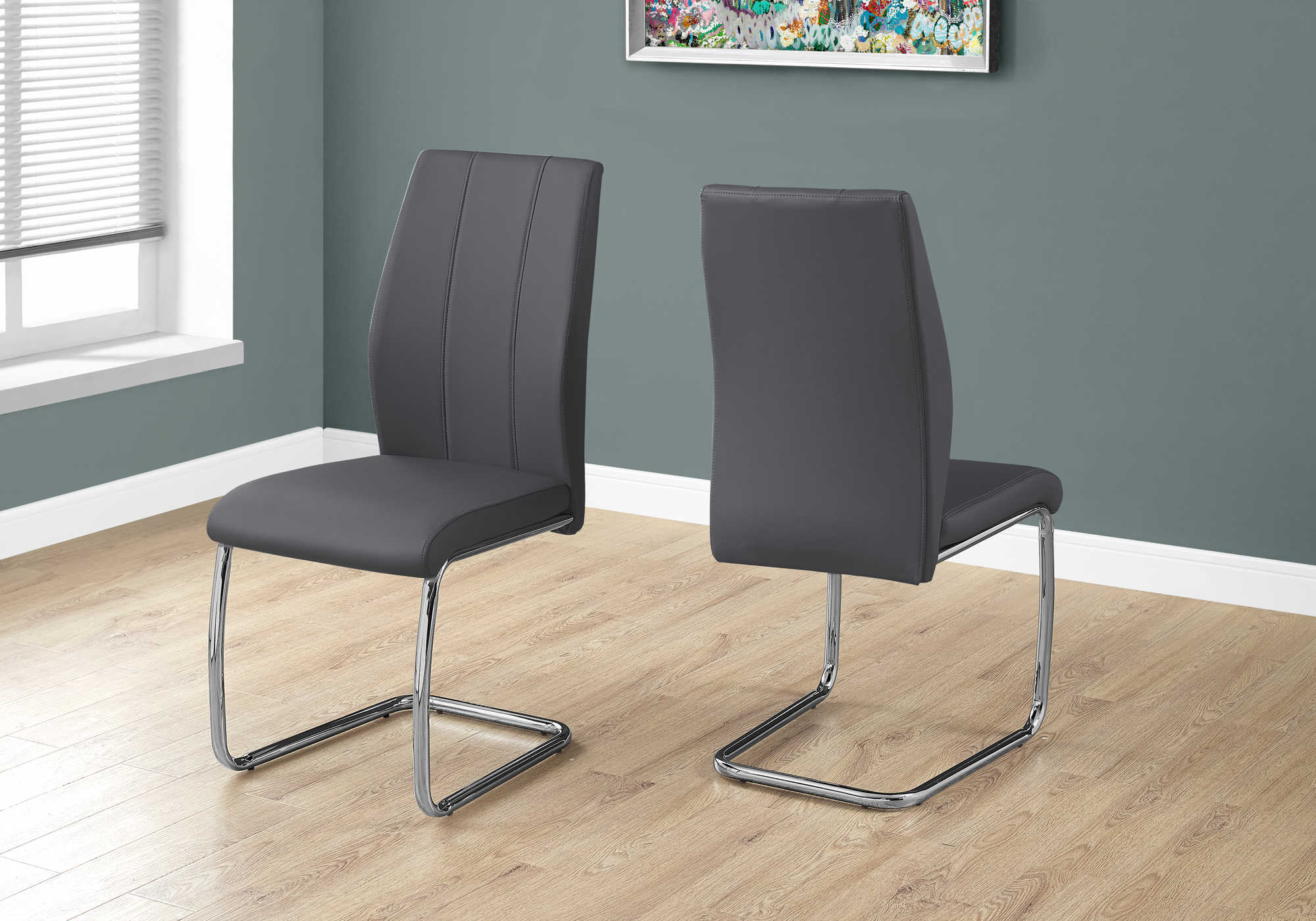 DINING CHAIR - 2PCS / 39"H / GREY LEATHER-LOOK / CHROME # I 1077