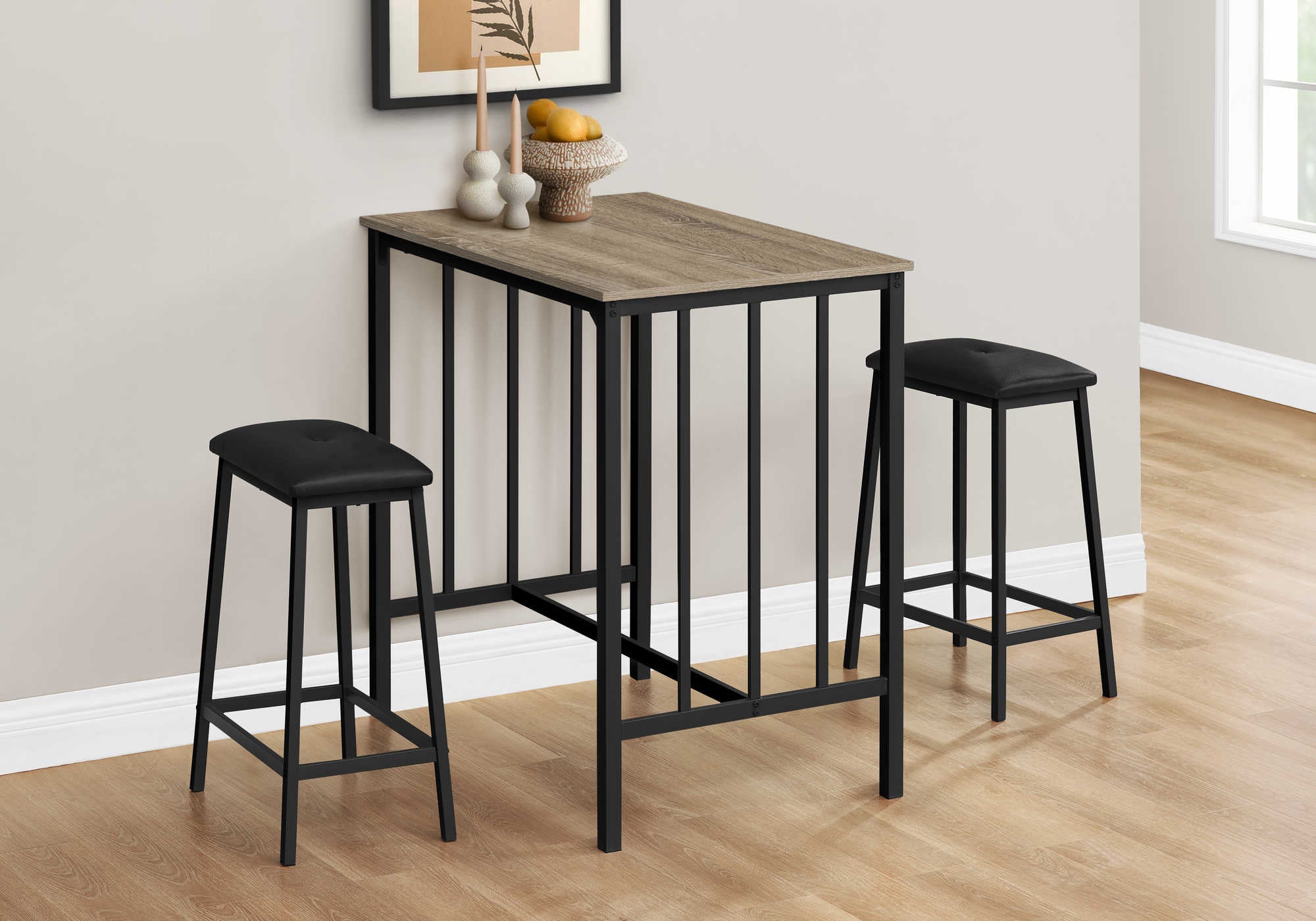 DINING SET - 3PCS COUNTER HEIGHT DARK TAUPE / BLACK METAL # I 1143