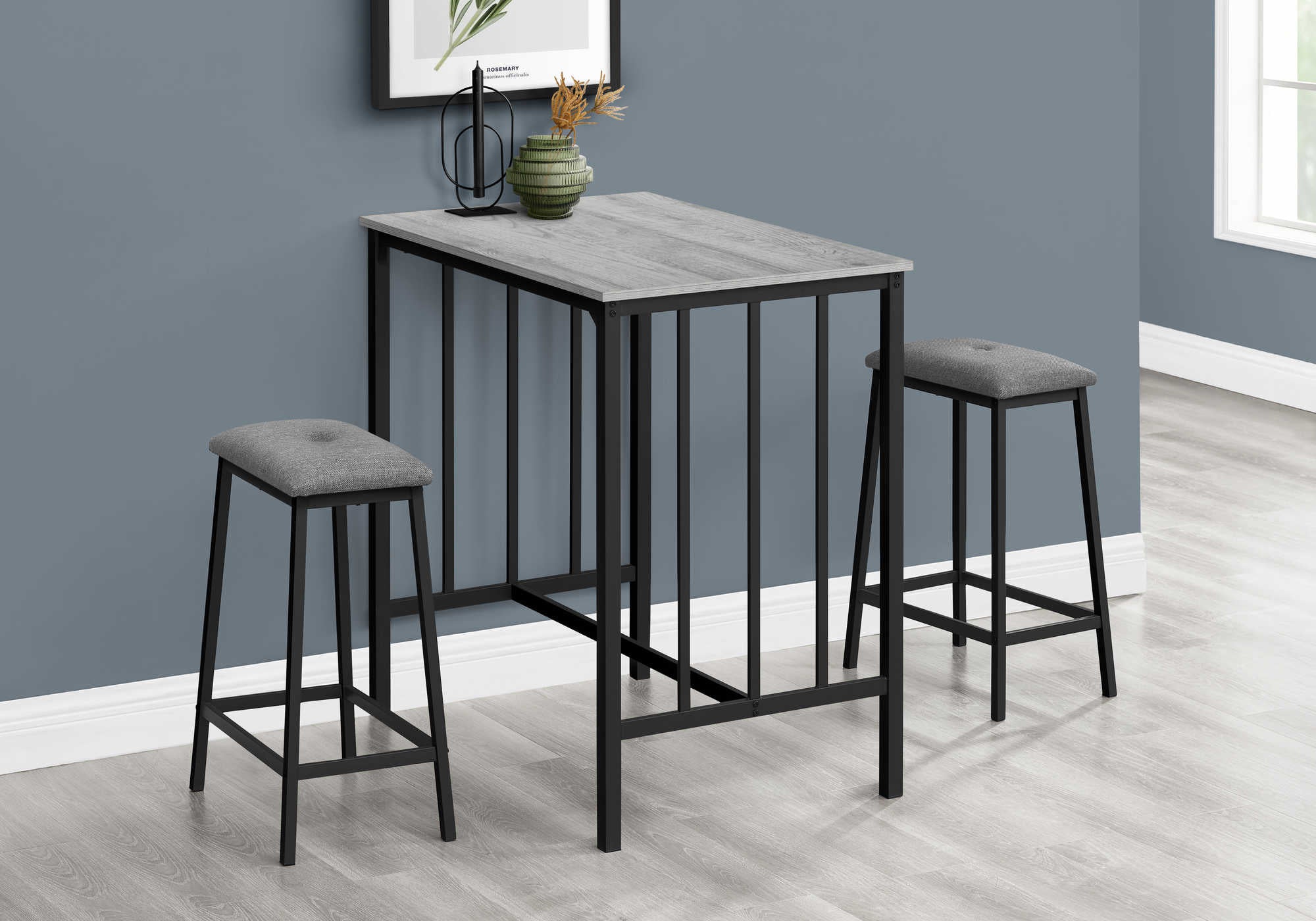 DINING SET - 3PCS COUNTER HEIGHT / GREY TOP / BLACK METAL # I 1144