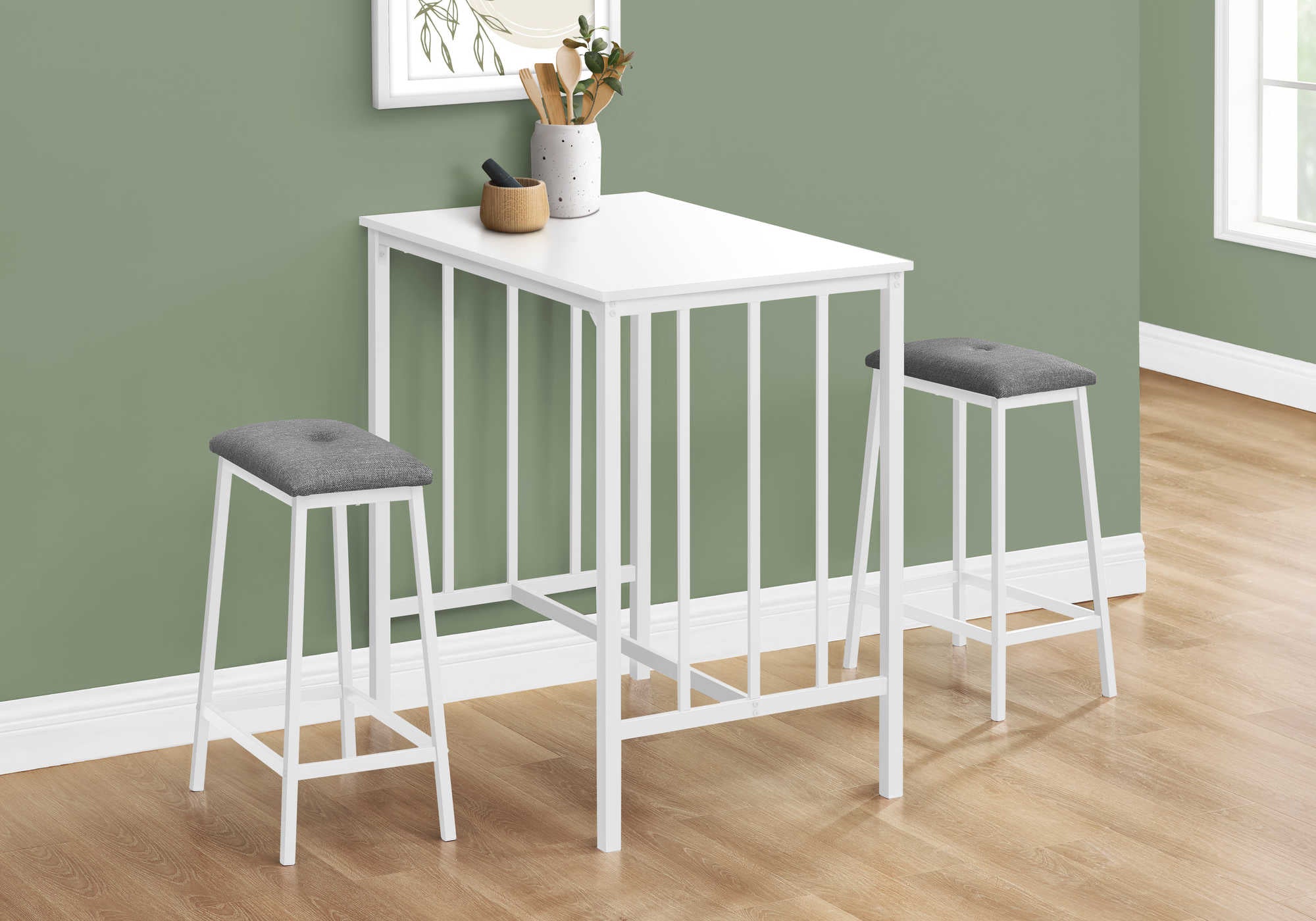 DINING SET - 3PCS COUNTER HEIGHT WHITE TOP / WHITE METAL # I 1147