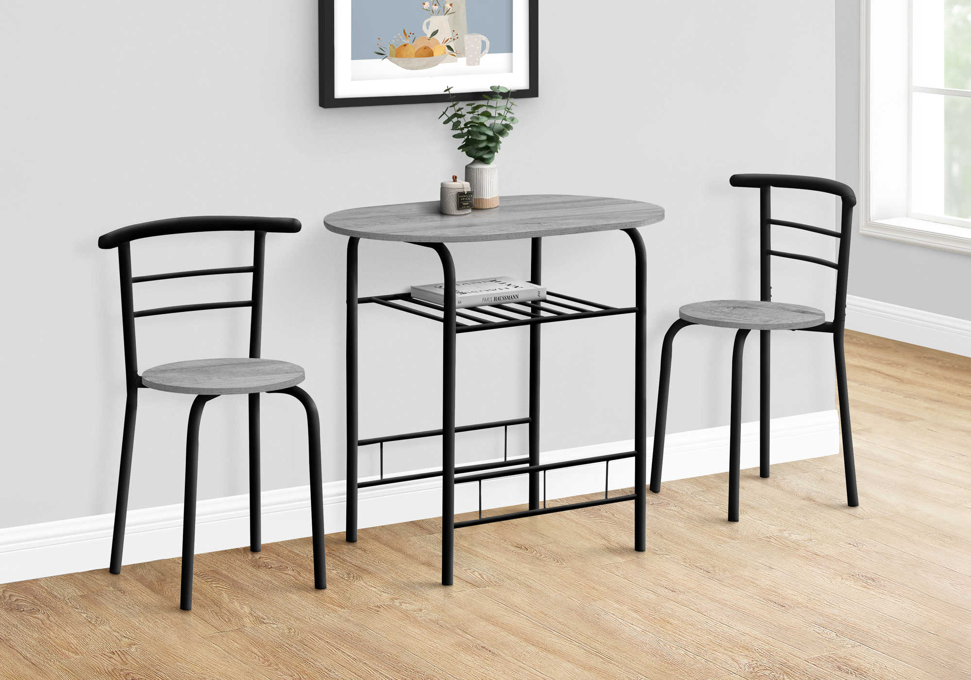DINING SET - 3PCS SET / GREY TOP / BLACK METAL # I 1207