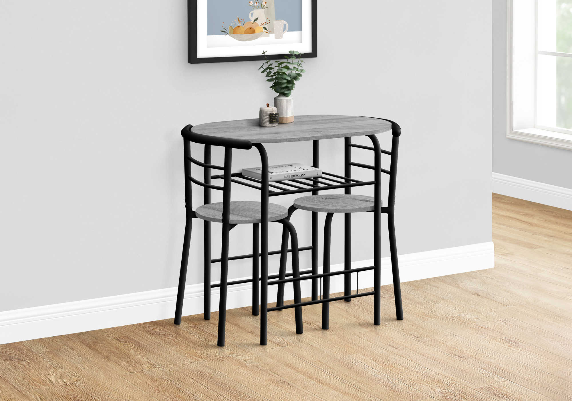DINING SET - 3PCS SET / GREY TOP / BLACK METAL # I 1207