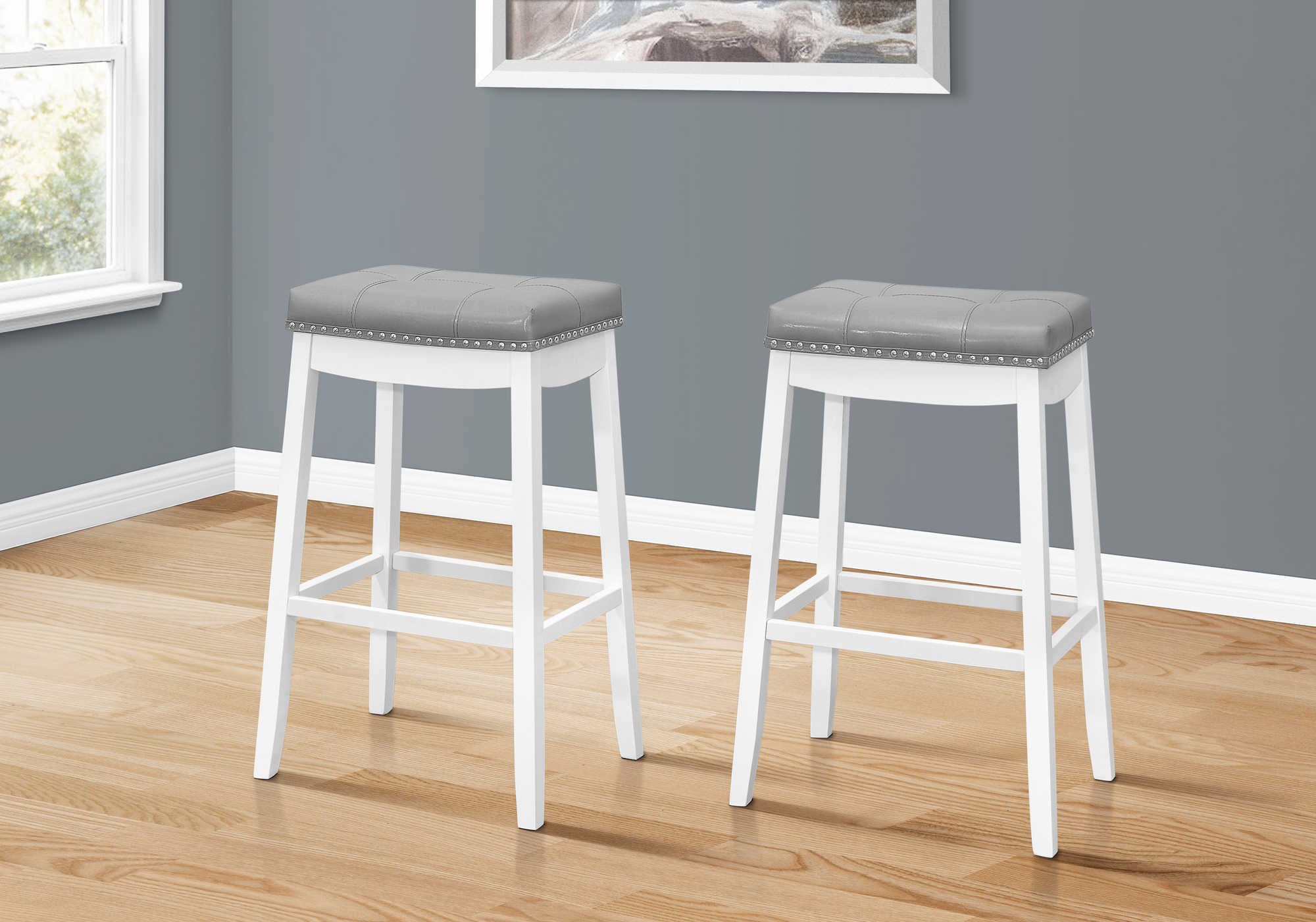 BARSTOOL - 2PCS / 29"H / GREY LEATHER-LOOK / WHITE # I 1262