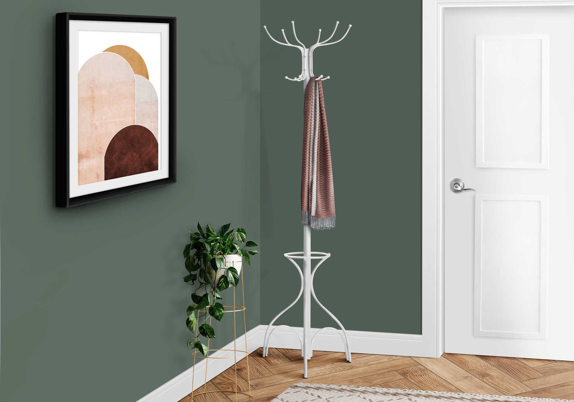 COAT RACK - 70"H / WHITE METAL WITH AN UMBRELLA HOLDER # I 2030