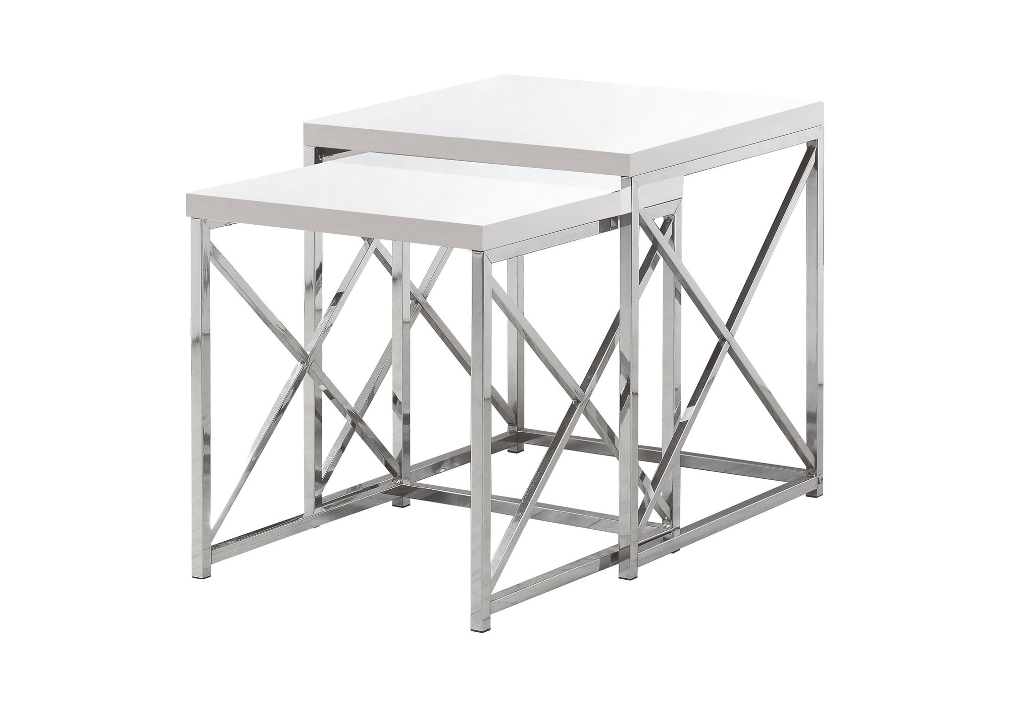 NESTING TABLE - 2PCS SET / GLOSSY WHITE / CHROME METAL # I 3025