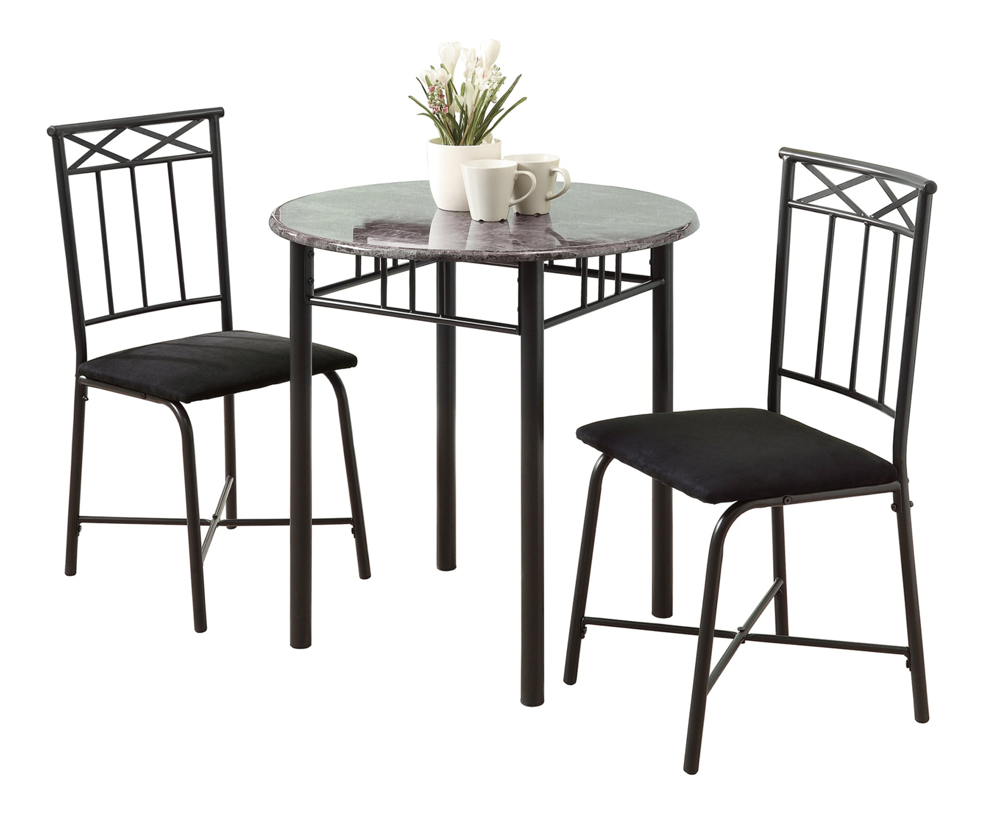 DINING SET - 3PCS SET / GREY MARBLE / CHARCOAL METAL # I 3065